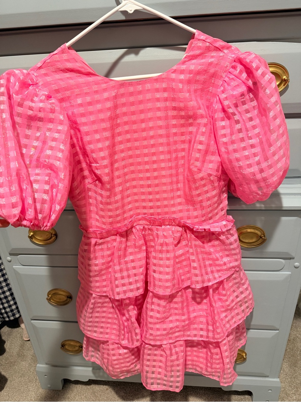 Womens Pink Gingham Ruffle Puff-Sleeve Dress